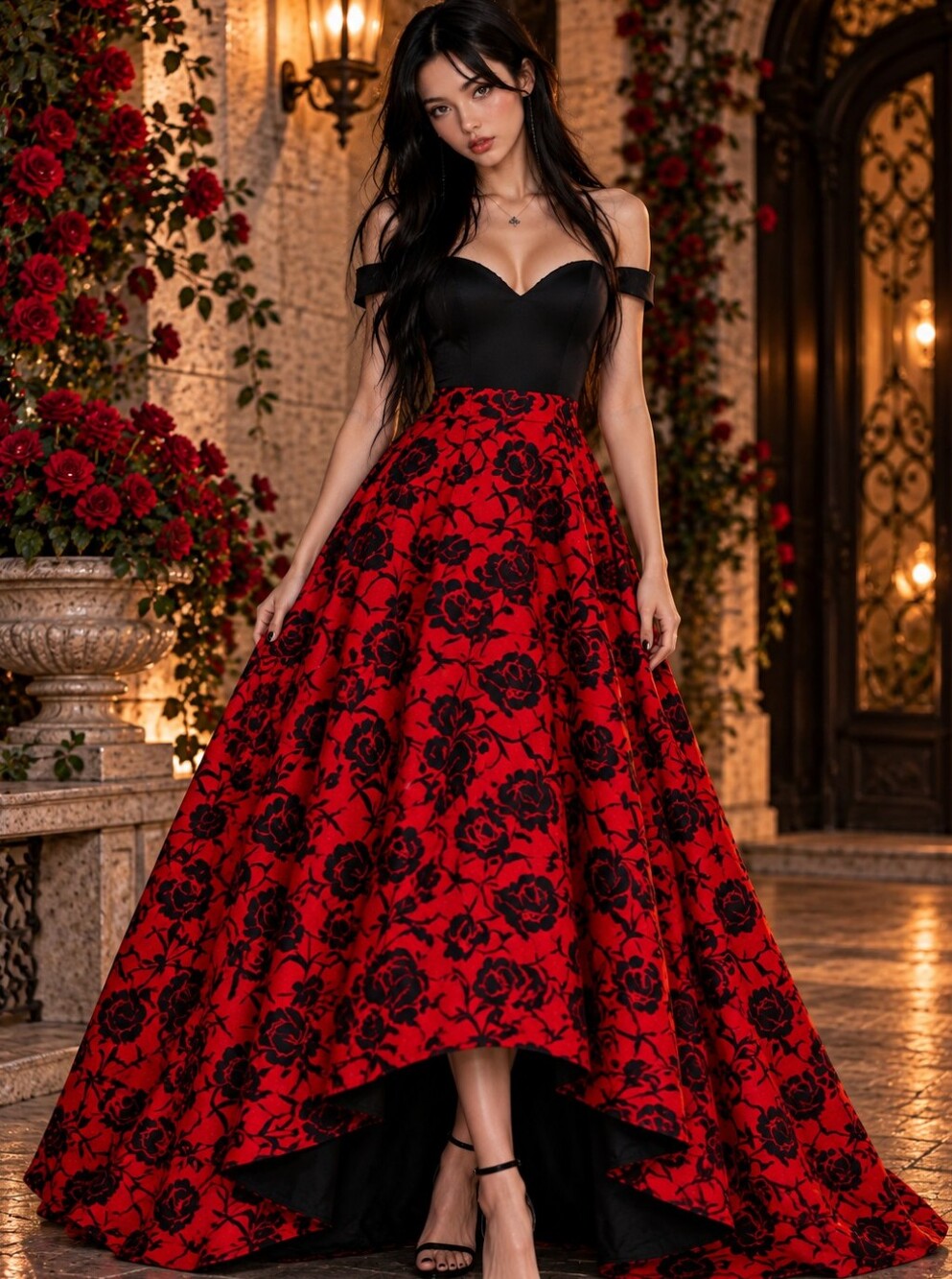 Sherri Hill Size 10 Red Black Rose Jacquard High Low Off Shoulder Formal Gown CC